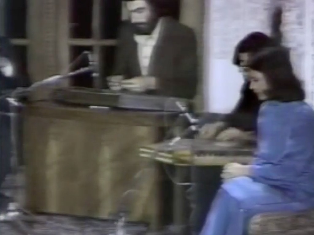 Parissa and the Center ensemble at Bagh-e Ferdows, Tehran — Parviz Meshkatian on santour, Dariush Tala'i (tar), and Parissa in blue; NIRT concert, Dastgah-e Mahur, c. 1977–78