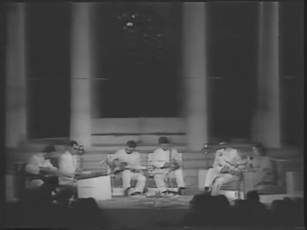 Parissa and ensemble at Hafezieh — Shiraz Arts Festival, 8th edition, 1974; columns of the tomb pavilion behind the stage